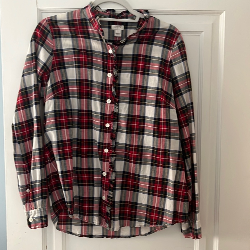 J.Crew plaid blouse with ruffled collar